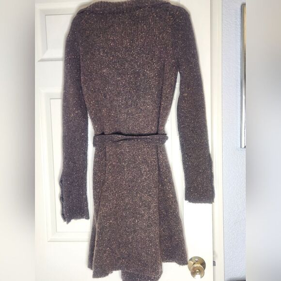 Express L Brown Beige Belt Knitted  WOOL Blend Longsleeve  Buttons Women Peacoat - Picture 5 of 11